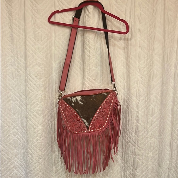 Handbags - Brand New Genuine Tooled Leather and Cowhide Fringe Crossbody Purse